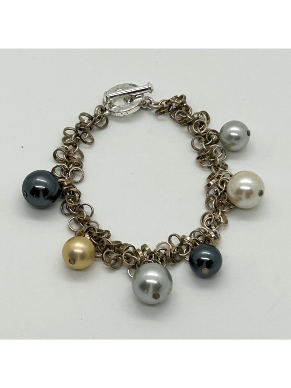Vintage Silver Tone Chunky Chain Toggle Bracelet Multi-Color Faux Pearl Charms - Picture 2 of 10